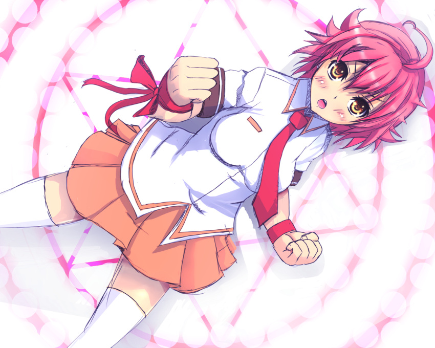 ahoge, aino_heart, arcana_heart, blush, bow, brown_eyes, clenched_hands, dutch_angle