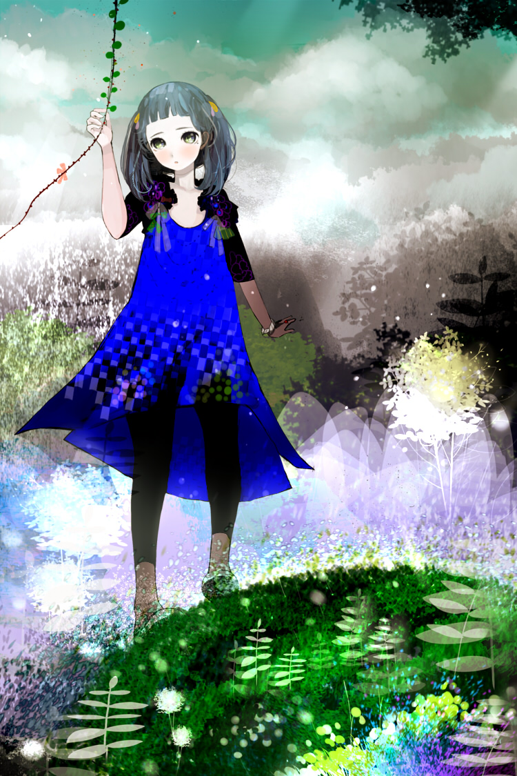 black_hair, black_legwear, blue_dress, cloud, clouds, dress, expressionless, felt