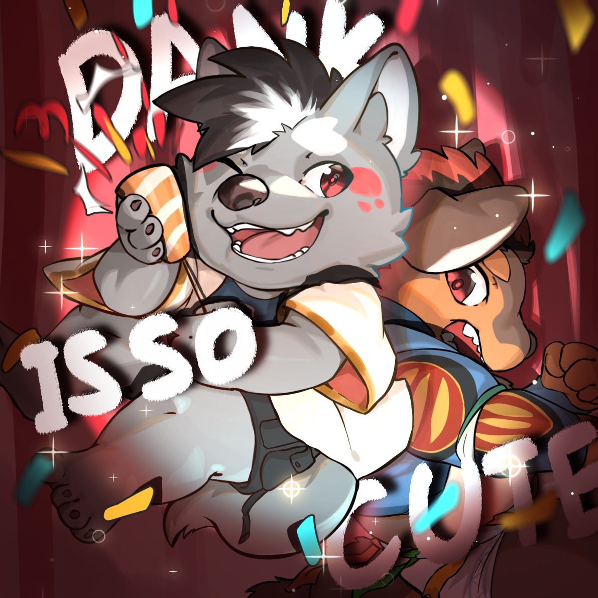 2boys, animal_ears, artist_self-insert, black_hair, brown_fur, brown_hair, chibi, chinese_commentary, commentary_request, confetti, dog_boy, dog_ears, dog_tail, english_text, furry, furry_male, grey_fur, holding, holding_party_popper, jmeo1230, looking_at_another, looking_at_viewer, multicolored_hair, multiple_boys, one_eye_closed, open_mouth, original, party_popper, smile, streaked_hair, tail, tayangsuyi_(xxl), xxl_woofia