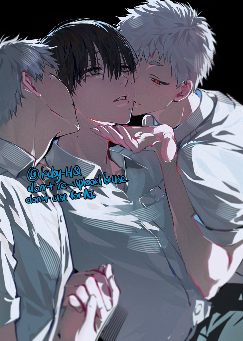 3boys, black_background, black_hair, buttons, collared_shirt, hair_between_eyes, highres, hikaru_ga_shinda_natsu