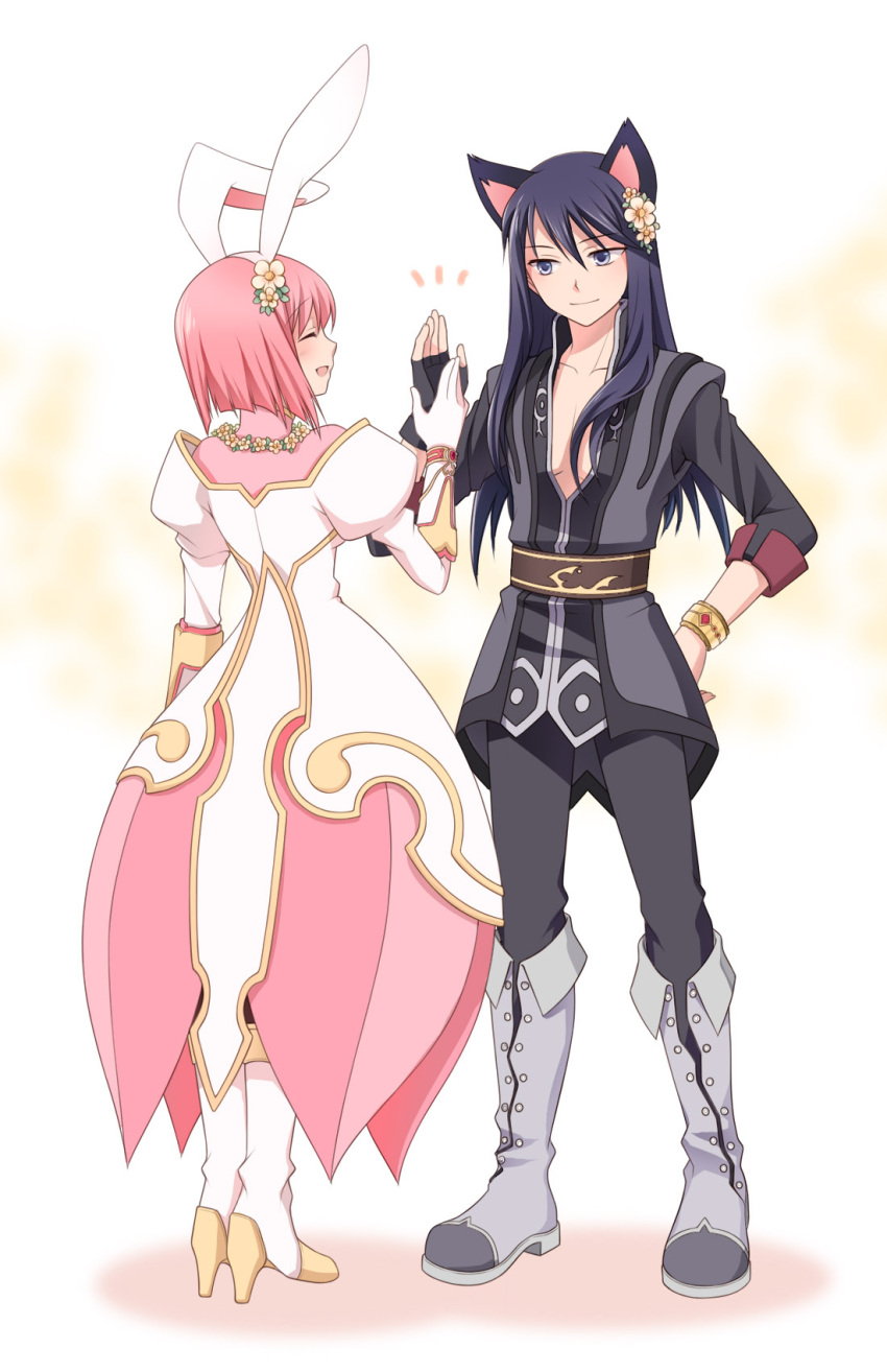 1girl, ^_^, animal_ears, belt, black_gloves, black_hair, blue_eyes, boots