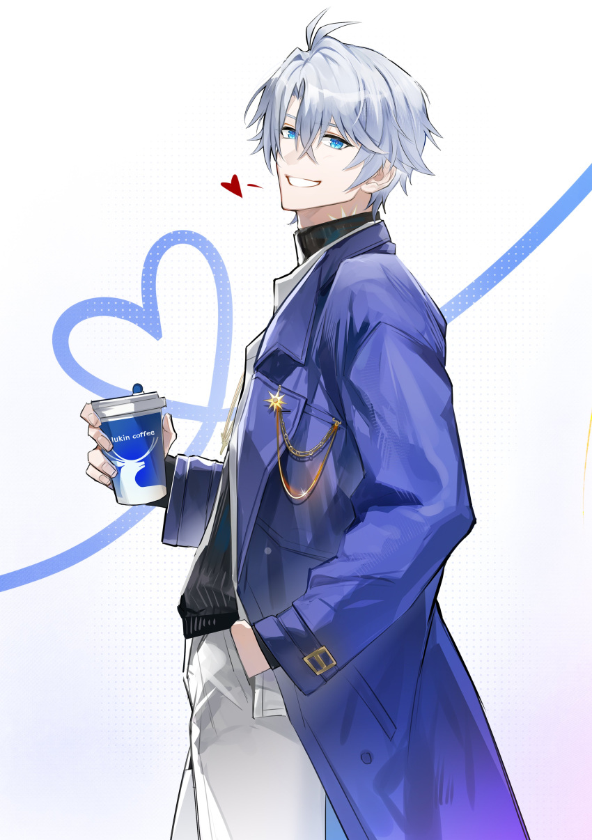 1boy, absurdres, blue_coat, blue_eyes, coat, cowboy_shot, cup, deer_necklace, disposable_coffee_cup, disposable_cup, from_side, hand_in_pocket, heart, high_collar, highres, holding, honkai:_star_rail, honkai_(series), male_focus, official_alternate_costume, open_clothes, open_coat, pants, phainon_(honkai:_star_rail), phainon_(luckin_coffee)_(honkai:_star_rail), polka_dot, polka_dot_background, qing_ning_elsa, short_hair, simple_background, smile, solo, teeth, white_background, white_pants