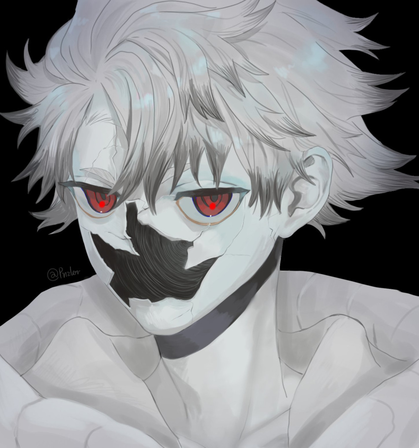 1boy, black_background, broken_skin, cracked_skin, gachiakuta, highres, hole_in_face, hollow_body