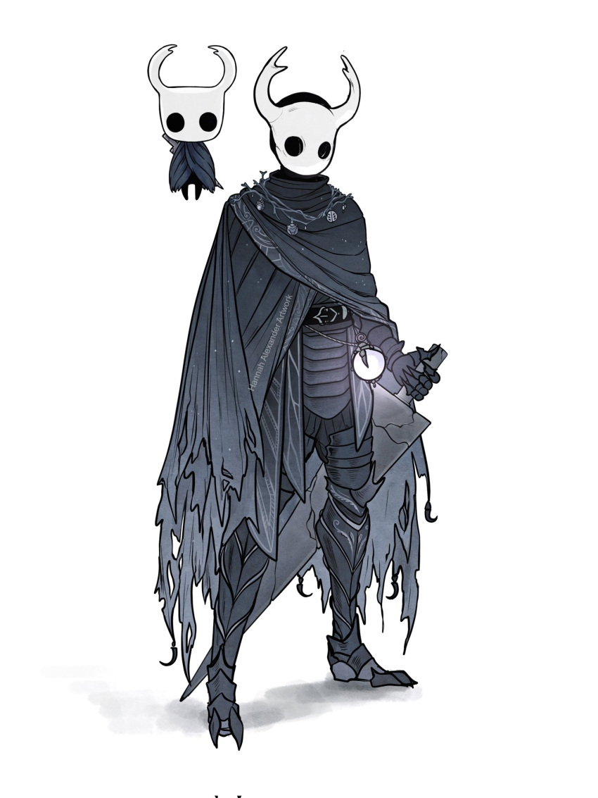 1other, armor, armored_boots, belt, black_cloak, boots, cloak, dual_persona