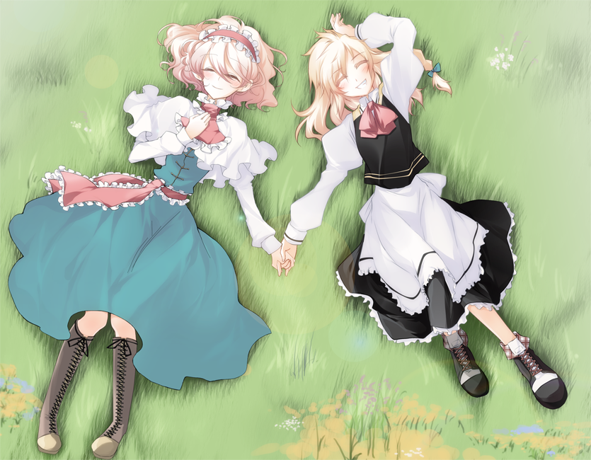 alice_margatroid, apron, ascot, blonde_hair, blush, boots, braid, capelet