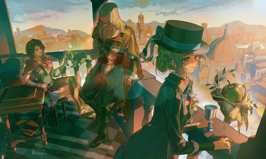 1boy, 2girls, apple_(reverse:1999), apple_(the_fruit_of_wisdom)_(reverse:1999), assassin's_creed_(series), black_hat, black_suit, blue_ribbon