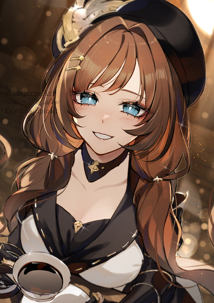 1girl, beret, blue_eyes, blush, brown_hair, coffee, cup, granblue_fantasy, grin, hair_intakes, hat, holding, holding_cup, kogome_(azalea4), long_hair, looking_at_viewer, low_twintails, raziel_(granblue_fantasy), smile, solo, twintails, watermark
