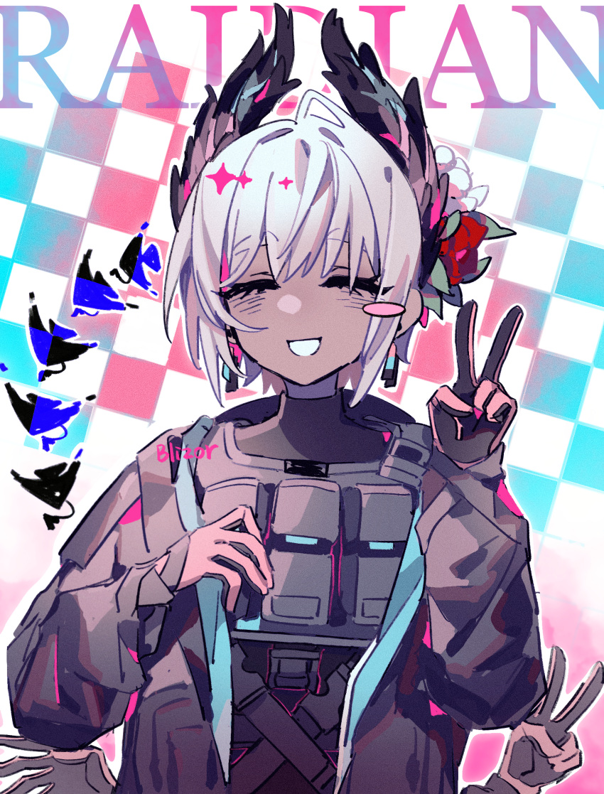1girl, :d, ^_^, arknights, black_gloves, black_jacket, black_shirt, blissfulrainbizhuo