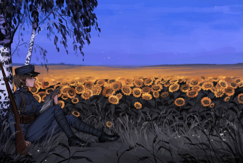 1girl, absurdres, against_tree, asymmetrical_sidelocks, birch_tree, blue_sky, book, braid