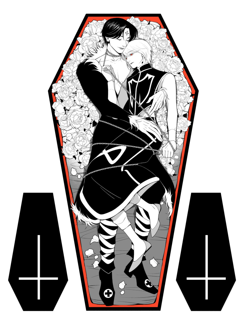 2boys, 63roku63, androgynous, black_hair, chain, chrollo_lucilfer, closed_mouth, coffin