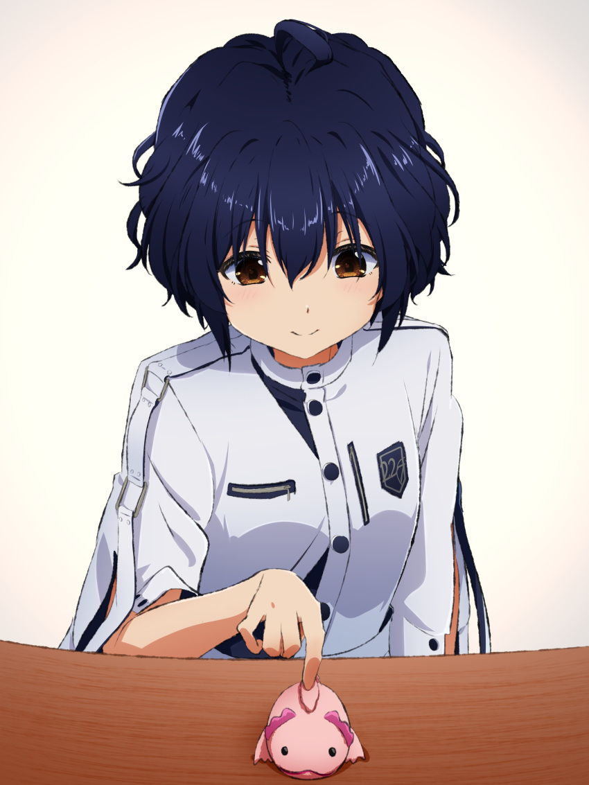 1girl, 22/7, absurdres, black_hair, boku_wa_konya_deteiku, brown_eyes, closed_mouth, dress, emblem, hair_between_eyes, highres, igashiko, light_smile, looking_at_object, short_hair, solo, stuffed_axolotl, table, takigawa_miu, three-quarter_sleeves, white_background, white_dress, wooden_table