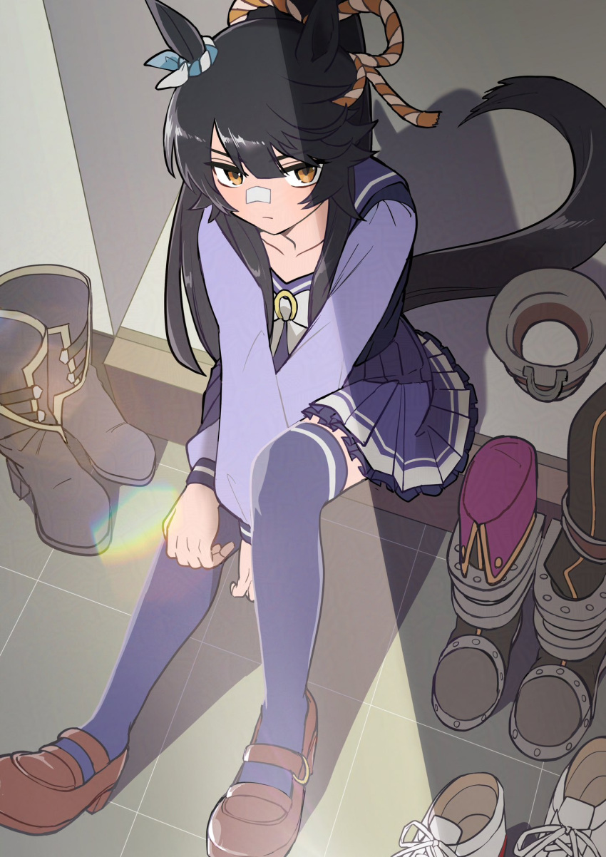 1girl, animal_ears, black_boots, black_hair, black_tail, boots, bow, bowtie