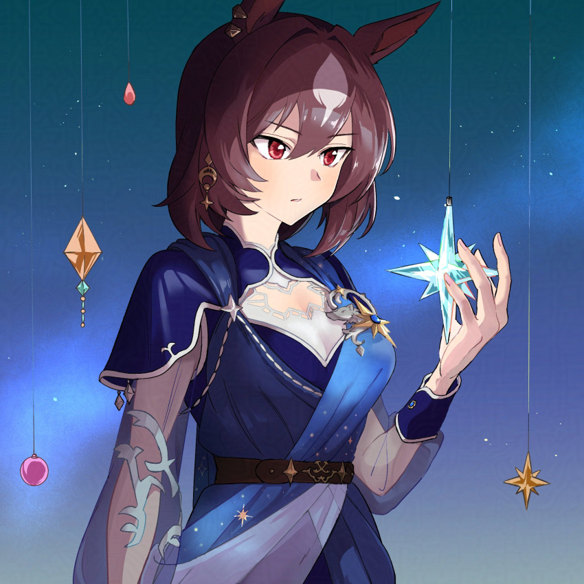 1girl, animal_ears, blue_dress, breasts, brown_hair, commentary, dress, ear_ornament