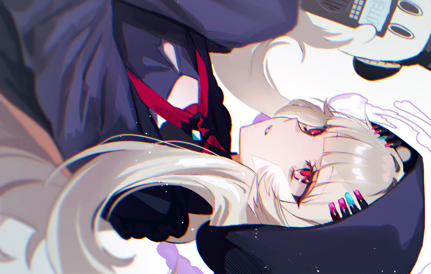 1girl, black_dress, black_hood, blunt_bangs, dress, grey_hair, hair_ornament, long_hair
