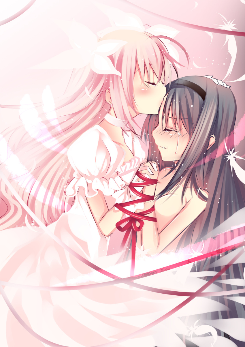 absurdres, akemi_homura, alternate_costume, alternate_hairstyle, black_hair, blush, closed_eyes, dress