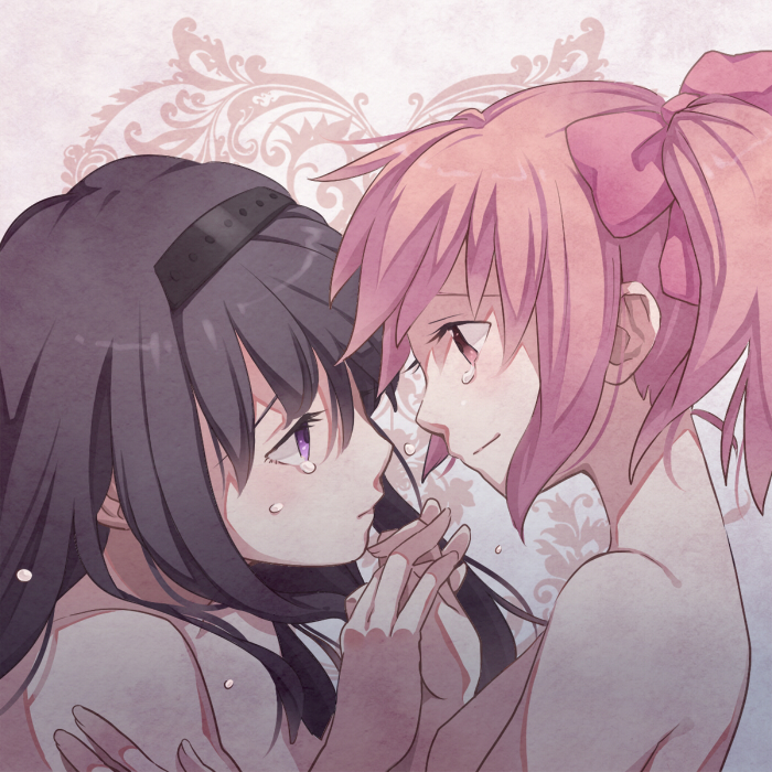 akemi_homura, bad_id, black_hair, hairband, hand_holding, holding_hands, kaname_madoka, light_smile, long_hair, mahou_shoujo_madoka_magica, multiple_girls, nude, pink_eyes, pink_hair, profile, purple_eyes, short_hair, smile, takahashi_riku, tears, topless, twintails, violet_eyes, yuri