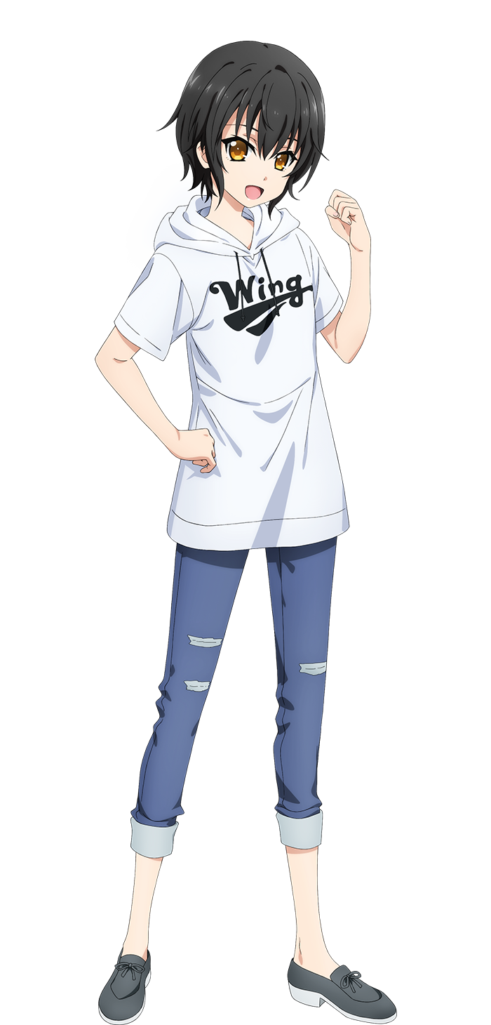 1girl, :d, anime_coloring, arakaki_issei, black_hair, blue_pants, clenched_hands, denim