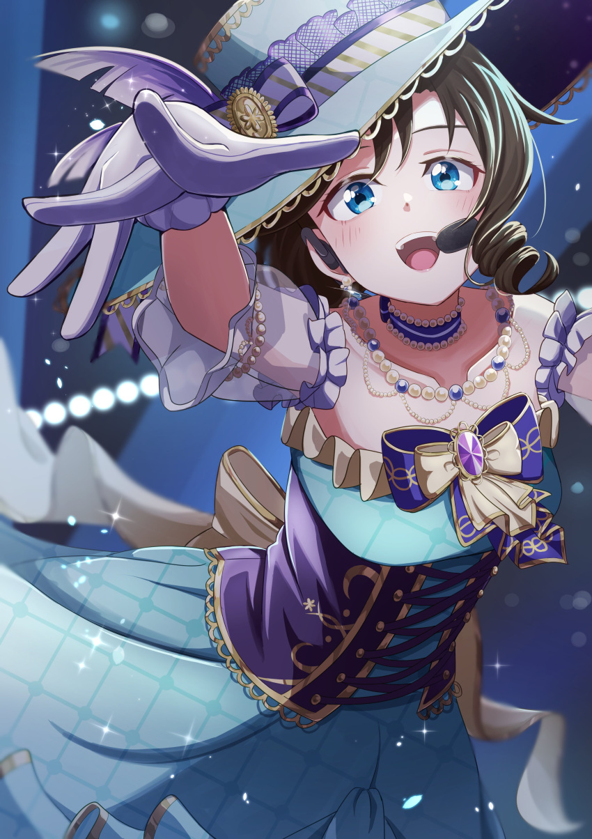1girl, absurdres, bare_shoulders, black_hair, blue_dress, blue_eyes, blue_hat, blurry, blurry_background, collarbone, commentary_request, corset, cowboy_shot, cross-laced_clothes, cross-laced_corset, detached_sleeves, dress, frilled_dress, frilled_sleeves, frills, gloves, hat, headset, highres, hiiragi_(hi_ragi1250), looking_at_viewer, love_live!, love_live!_nijigasaki_high_school_idol_club, low_drills, official_alternate_costume, osaka_shizuku, purple_corset, purple_gloves, see-through_clothes, see-through_sleeves, solo, sparkle, strapless, strapless_dress, underbust, yagate_hitotsu_no_monogatari