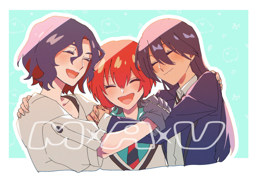 1boy, 2girls, :d, amate_yuzuriha, aqua_shirt, arms_around_neck, black_gloves, black_hair, black_necktie, blazer, blue_hair, closed_eyes, collared_shirt, colored_inner_hair, commentary_request, dark-skinned_female, dark_skin, diagonal-striped_clothes, diagonal-striped_necktie, gloves, gundam, gundam_gquuuuuux, highres, hug, jacket, long_hair, long_sleeves, moge31wow, multicolored_hair, multiple_girls, necktie, nyaan_(gundam_gquuuuuux), purple_jacket, red_hair, red_necktie, school_uniform, shirt, short_hair, shuji_ito, sleeves_rolled_up, smile, striped_clothes, sweater, two-tone_hair, upper_body, wavy_hair, white_shirt, white_sweater