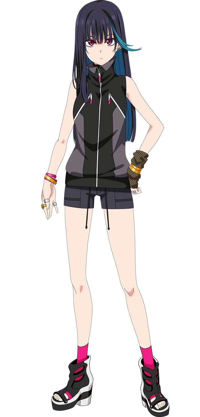 1girl, anime_coloring, arakaki_issei, black_hair, black_jacket, black_sandals, closed_mouth, collared_jacket