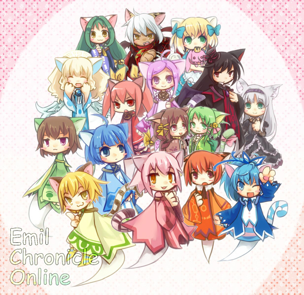 2boys, 6+girls, ahoge, animal_ears, apron, black_dress, black_hair, black_hat