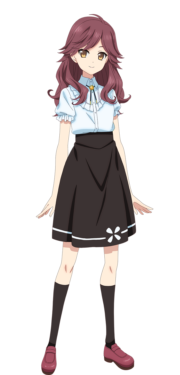 1girl, ahoge, anime_coloring, arakaki_issei, black_skirt, black_socks, brown_eyes, closed_mouth, collared_shirt, extreme_hearts, frilled_shirt, frills, full_body, highres, houjou_emi, long_hair, looking_at_viewer, official_art, open_hands, puffy_short_sleeves, puffy_sleeves, purple_hair, purple_shorts, shirt, short_sleeves, shorts, simple_background, skirt, smile, socks, solo, standing, tachi-e, transparent_background, tsurime, wavy_hair, white_shirt