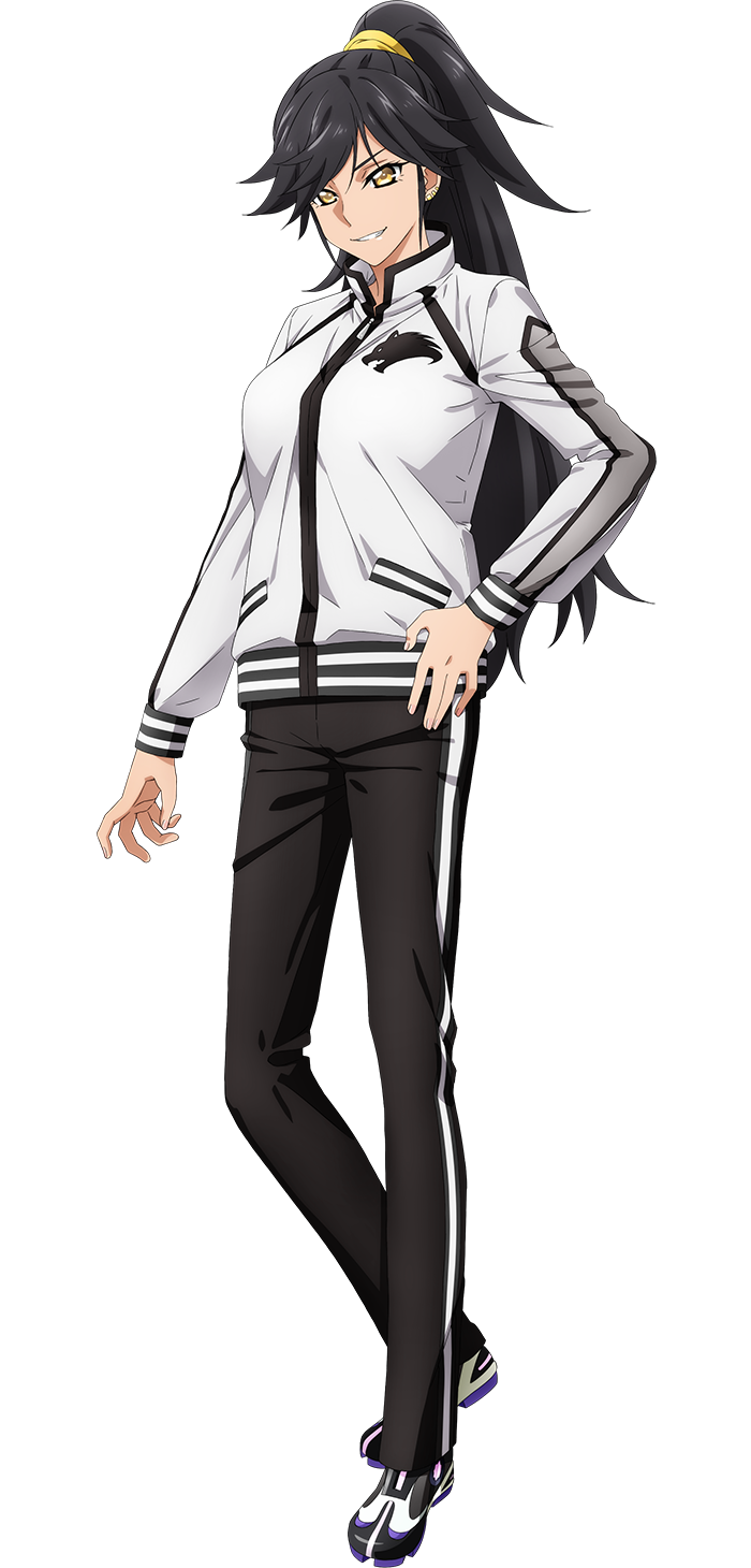 1girl, anime_coloring, arakaki_issei, ashley_vancroft, black_hair, black_pants, breasts, collared_jacket, extreme_hearts, flipped_hair, full_body, hand_on_own_hip, high_ponytail, highres, jacket, large_breasts, long_hair, long_sleeves, looking_at_viewer, official_art, open_mouth, pants, ponytail, shoes, simple_background, smile, sneakers, solo, standing, tachi-e, teeth, tented_shirt, track_suit, transparent_background, tsurime, v-shaped_eyebrows, very_long_hair, white_jacket, white_shoes, wolf_print, yellow_eyes