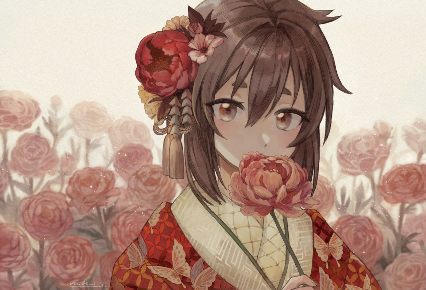 1girl, animal_print, brown_eyes, brown_hair, butterfly_print, butterfly_print_kimono, closed_mouth, commentary_request, field, fingernails, flower, flower_field, green_nails, hair_flower, hair_ornament, hand_up, highres, holding, holding_flower, japanese_clothes, kanzashi, kimono, layered_kimono, light_blush, medium_hair, original, outdoors, peony_(flower), red_flower, red_kimono, short_eyebrows, signature, solo, thick_eyebrows, tsumami_kanzashi, uguisu_noki, upper_body