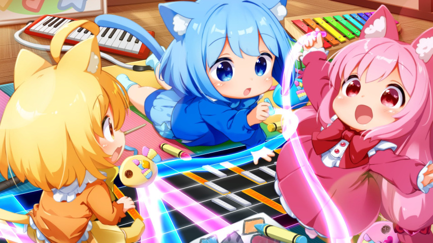 3girls, :d, :o, ahoge, animal_ear_fluff, animal_ears, ao_(sound_voltex), bemani