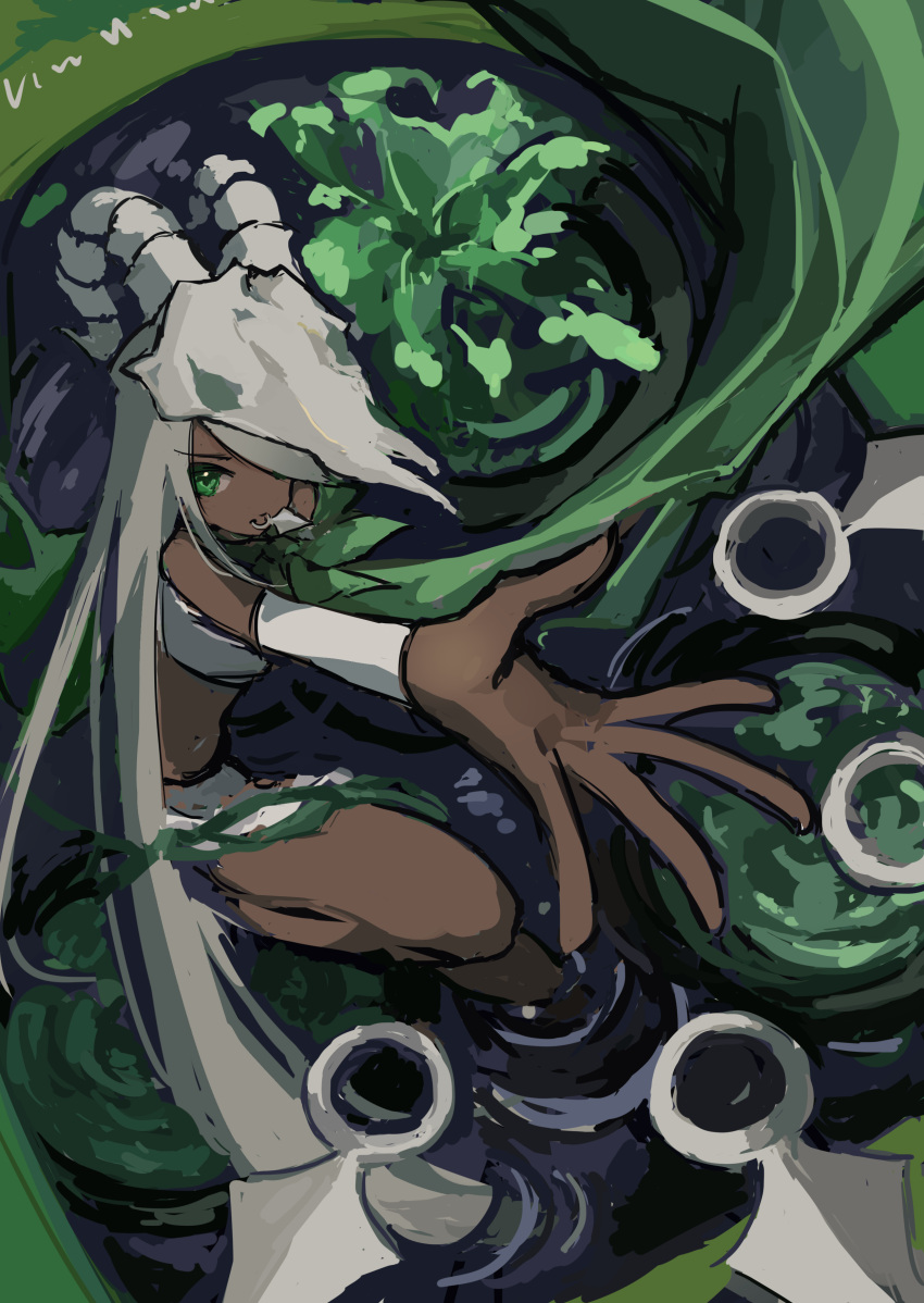 1girl, absurdres, animal_skull, chinese_commentary, commentary_request, dark-skinned_female, dark_skin, green_eyes