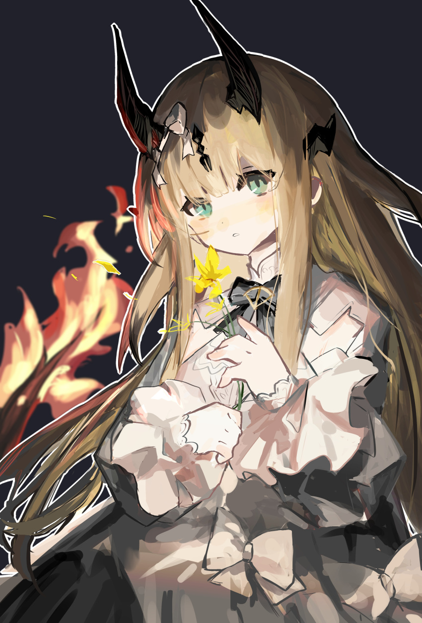 1girl, absurdres, aged_down, arknights, black_background, black_horns, blonde_hair, blush, chinese_commentary, commentary_request, dress, fire, flower, foerin, green_eyes, highres, holding, holding_flower, horns, long_hair, long_sleeves, looking_at_viewer, outline, parted_lips, reed_(arknights), reed_(young)_(arknights), simple_background, solo, white_dress, white_outline, yellow_flower