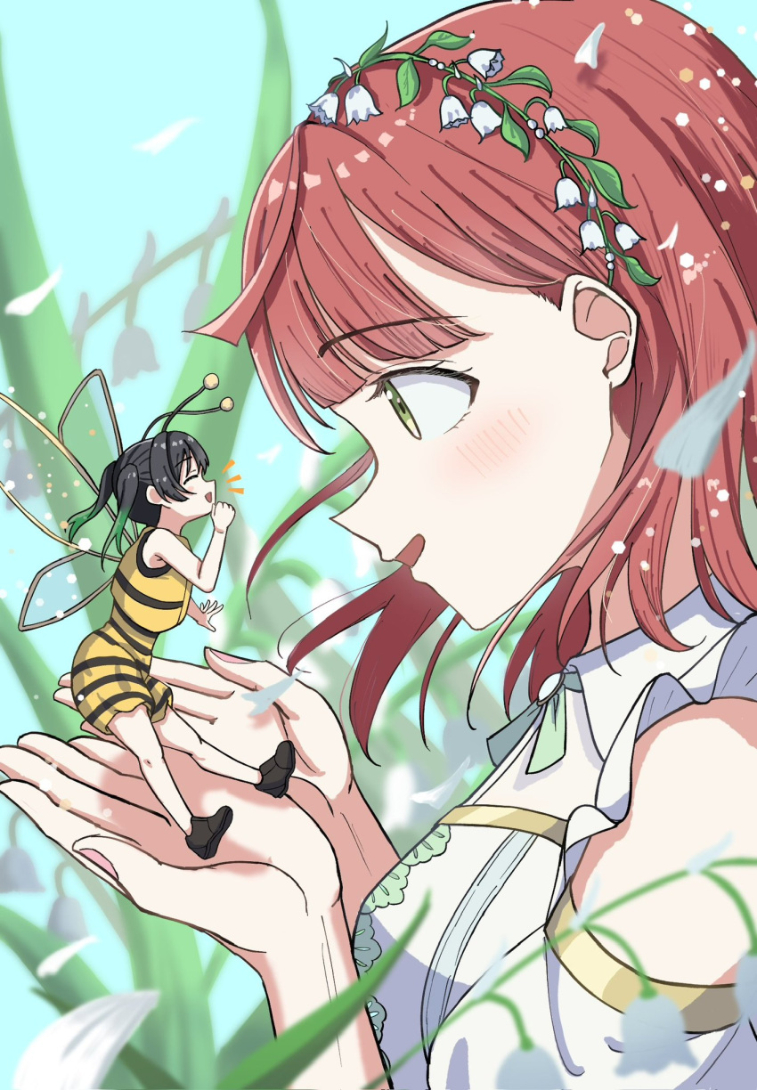 2girls, ^_^, arthropod_girl, bee_costume, bee_girl, bee_wings, black_hair, closed_eyes, commentary, dress, facing_another, flower, flower_music_live_boooooom_boooooom_bee!!, gradient_hair, green_eyes, green_hair, highres, in_palms, insect_wings, keitaro_tension, lily_of_the_valley, looking_at_another, love_live!, love_live!_nijigasaki_high_school_idol_club, medium_hair, mini_person, minigirl, multicolored_hair, multiple_girls, notice_lines, official_alternate_costume, open_mouth, pink_hair, profile, takasaki_yu, twintails, uehara_ayumu, white_dress, wings