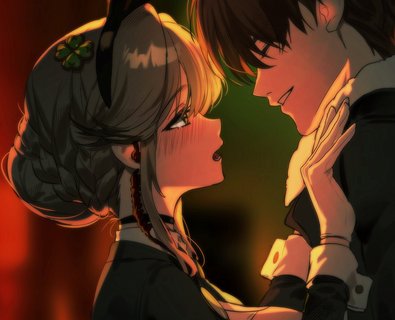 1girl, ade_(agent_bunny)_(nikke), ade_(nikke), animal_ear_hairband, animal_ears, black_choker, black_jacket, black_joa, blonde_hair, blurry, blurry_background, blush, choker, clover_hair_ornament, commander_(nikke), fake_animal_ears, four-leaf_clover_hair_ornament, from_side, gloves, goddess_of_victory:_nikke, green_eyes, hair_ornament, hairband, headset, jacket, looking_at_another, necktie, open_mouth, rabbit_ear_hairband, rabbit_ears, sidelocks, white_gloves