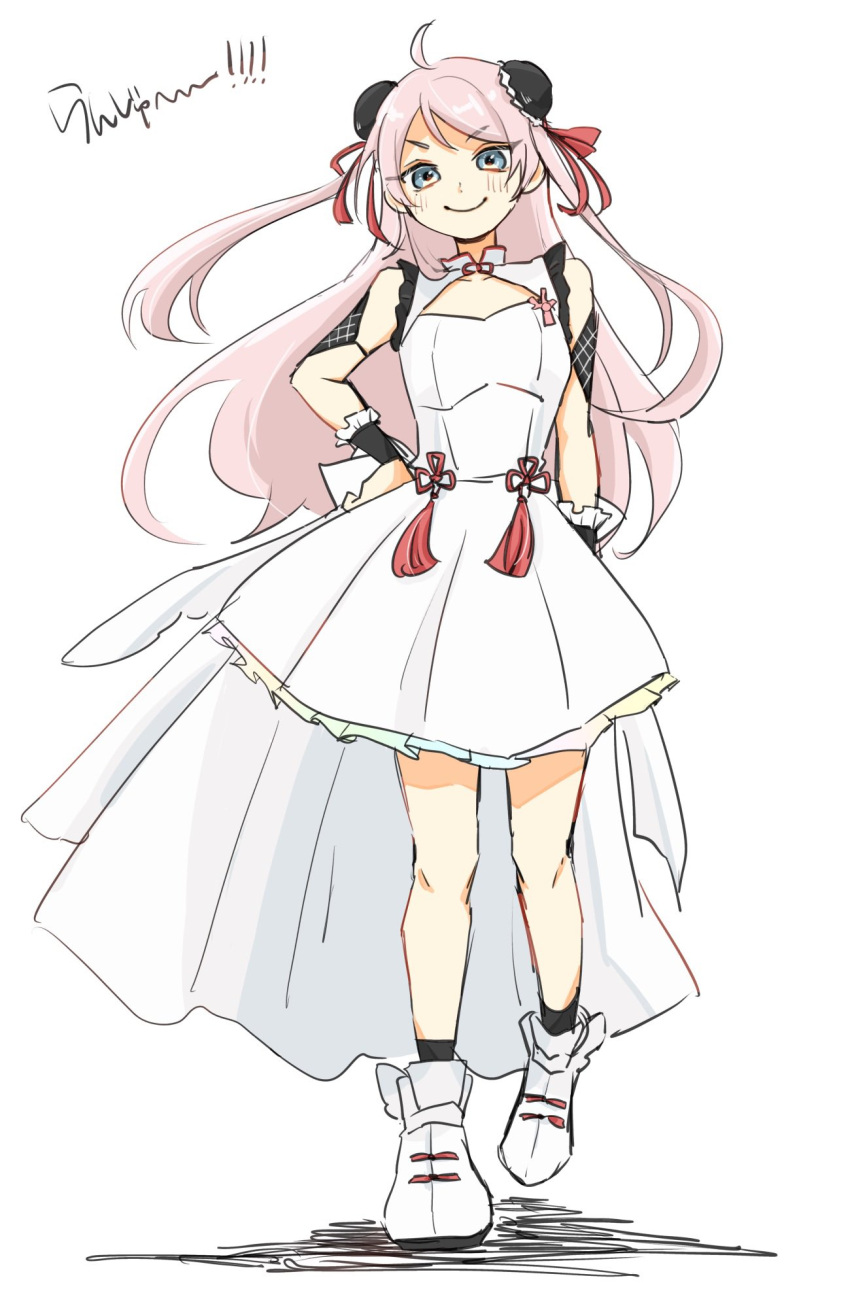 1girl, above-cleavage_cutout, ahoge, bare_shoulders, black_socks, boots, bun_cover, china_dress