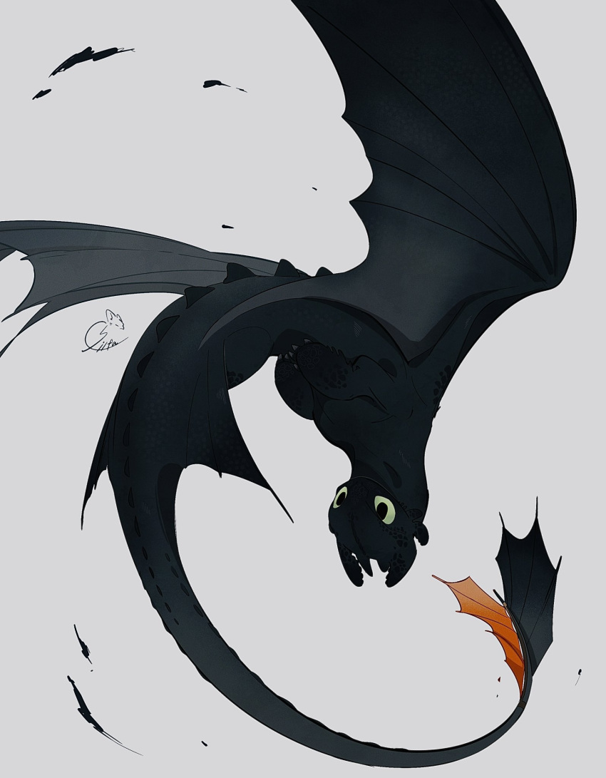 chilfa_112, dragon, green_eyes, grey_background, highres, how_to_train_your_dragon_(series), monster, monster_focus, no_humans, simple_background, solo, tail, toothless, western_dragon, wings