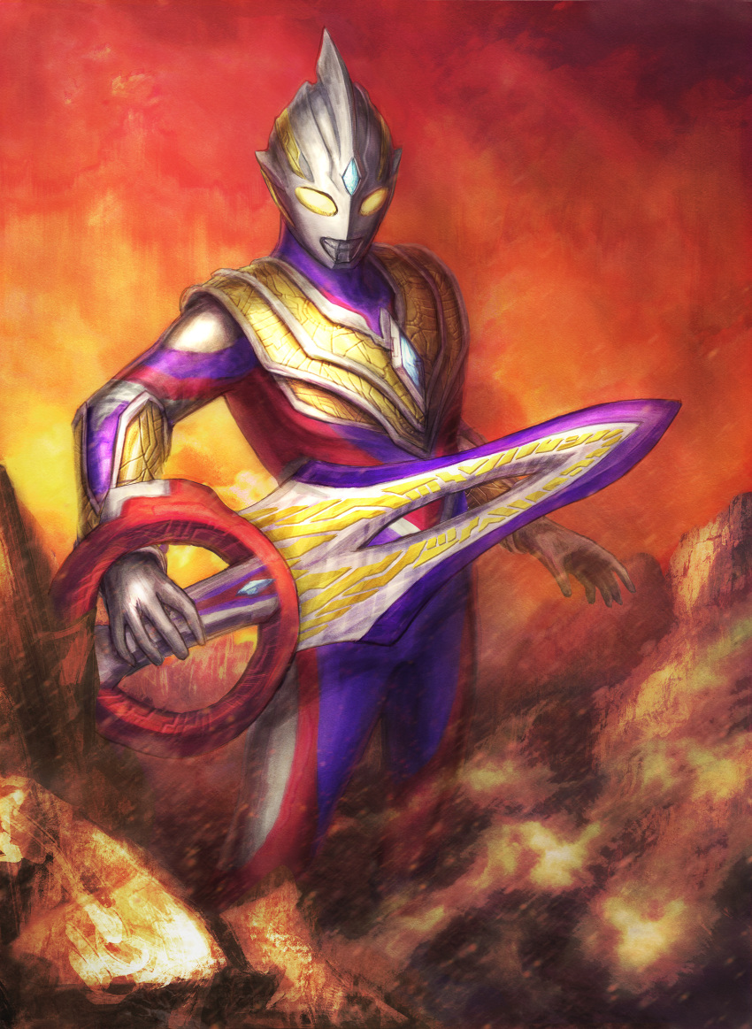 1boy, absurdres, alien, arm_guards, armor, breastplate, canyon, circle_arms