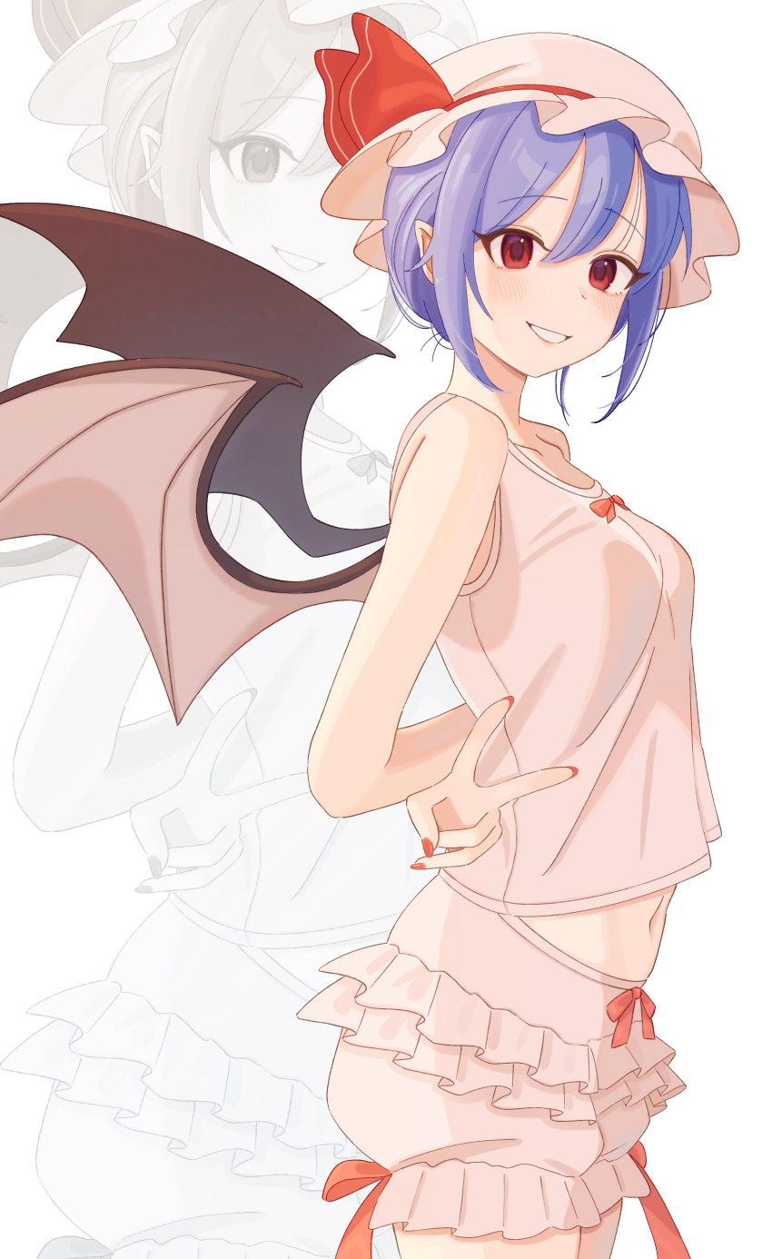 1girl, absurdres, arms_behind_back, bat_wings, black_eyeliner, black_slingshot_swimsuit, bloomers, blush