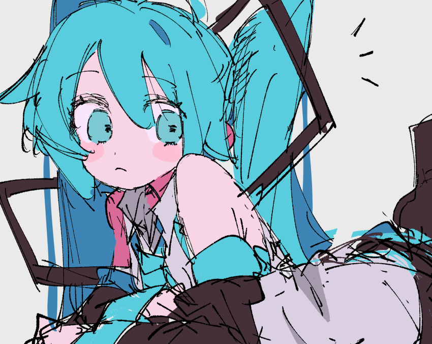 1girl, aqua_eyes, aqua_hair, aqua_necktie, bare_shoulders, black_thighhighs, closed_mouth, collared_shirt, detached_sleeves, frown, hatsune_miku, highres, long_hair, long_sleeves, n40a1, necktie, shirt, sleeveless, sleeveless_shirt, solo, thigh-highs, twintails, very_long_hair, vocaloid, white_shirt