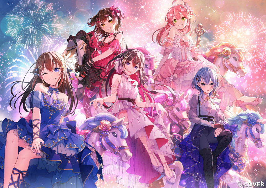 0th_generation_(hololive), 5girls, :d, ;), aerial_fireworks, ahoge, android, azki_(hololive)