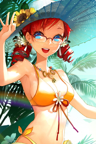 1girl, bikini, breasts, brenika_answer, cleavage, drill_hair, flower, front-tie_top, glasses, hair_flower, hair_ornament, hat, jewelry, lowres, necklace, official_art, open_mouth, palm_tree, side-tie_bikini, sideboob, solo, straw_hat, summer, swimsuit, sword_girls, tree, tropical, twin_drills, vernika_answer