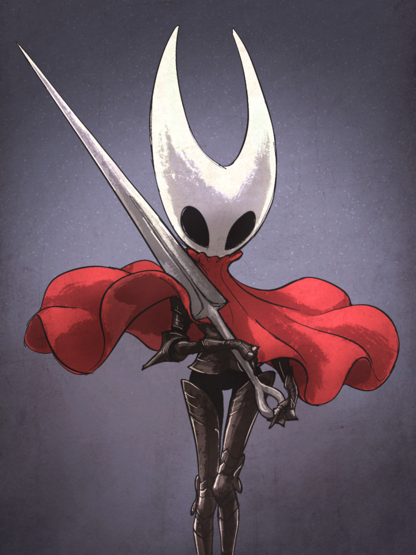 1girl, cloak, grey_background, highres, holding, holding_weapon, hollow_eyes, hollow_knight