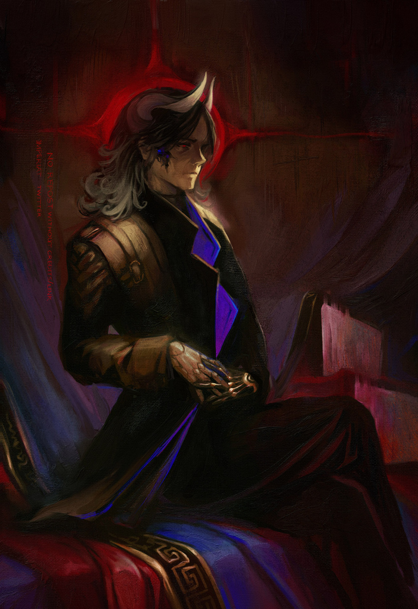 1boy, black_coat, black_pants, closed_mouth, coat, commentary, crossed_legs, design_speculation