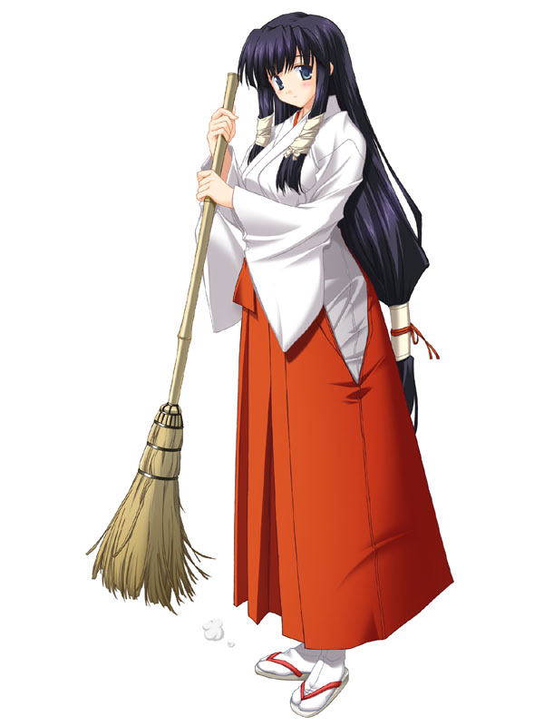 1girl, bamboo_broom, black_hair, blue_eyes, blush, broom, full_body, game_cg