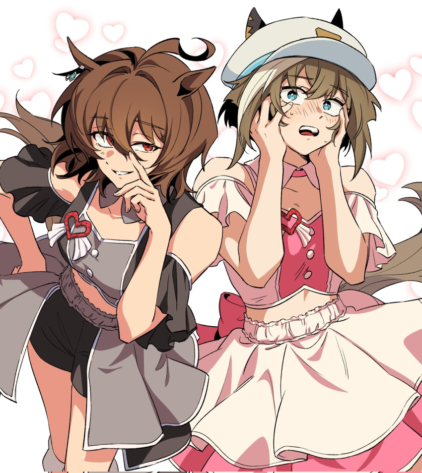 2girls, agnes_tachyon_(umamusume), ahoge, animal_ear_piercing, animal_ears, back_bow, bare_shoulders, black_shirt, black_skirt, blush, bow, brown_hair, buttons, cheval_grand_(umamusume), clothing_cutout, collarbone, commentary_request, corrupted_twitter_file, cropped_shirt, detached_collar, duyu_(guliguli_056), embarrassed, eyelashes, eyes_visible_through_hair, fingernails, frilled_skirt, frilled_sleeves, frills, green_eyes, grey_shirt, grey_skirt, grin, hair_between_eyes, hand_on_own_hip, hand_up, hands_on_own_face, hat, heart, heart_background, high-waist_shorts, high-waist_skirt, highres, horse_ears, horse_girl, horse_tail, index_finger_raised, korean_commentary, layered_skirt, long_bangs, looking_at_viewer, medium_hair, meni_shuki_rush-sshu!, midriff, multicolored_hair, multicolored_shirt, multiple_girls, newsboy_cap, nose_blush, open_mouth, overskirt, pink_bow, pink_shirt, pink_skirt, red_eyes, shirt, short_hair, short_sleeves, shorts, shoulder_cutout, sideways_glance, skirt, smile, streaked_hair, sweat, tail, teeth, two-tone_hair, umamusume, upper_teeth_only, white_background, white_hair, white_hat, white_shirt