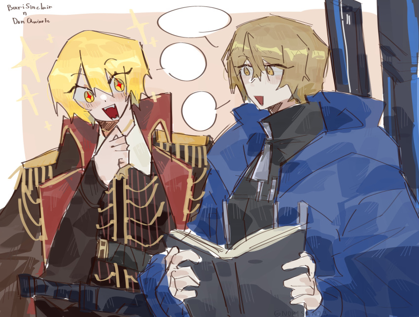 1boy, 1girl, absurdres, alternate_costume, bari_(project_moon), bari_(project_moon)_(cosplay), blonde_hair, blue_jacket, book, cape, cosplay, couple, don_quixote_(project_moon), fang, hair_between_eyes, hand_up, hetero, highres, holding, holding_book, jacket, la_manchaland's_don_quixote_(project_moon), la_manchaland's_don_quixote_(project_moon)_(cosplay), limbus_company, long_sleeves, nor1san23, open_mouth, project_moon, short_hair, sinclair_(project_moon), sparkling_eyes, speech_bubble, upper_body, yellow_eyes