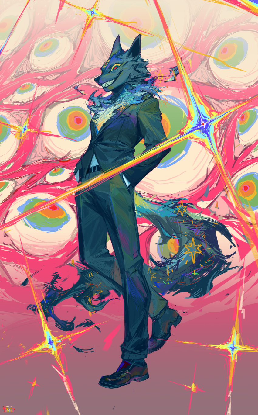 absurdres, animal_ears, animal_request, arknights, black_coat, black_pants, black_shoes, character_request, chinese_commentary, coat, commentary_request, extra_ears, furry, gender_request, grin, hands_in_pockets, highres, kacelaris, looking_at_viewer, pants, sharp_teeth, shoes, smile, tail, teeth