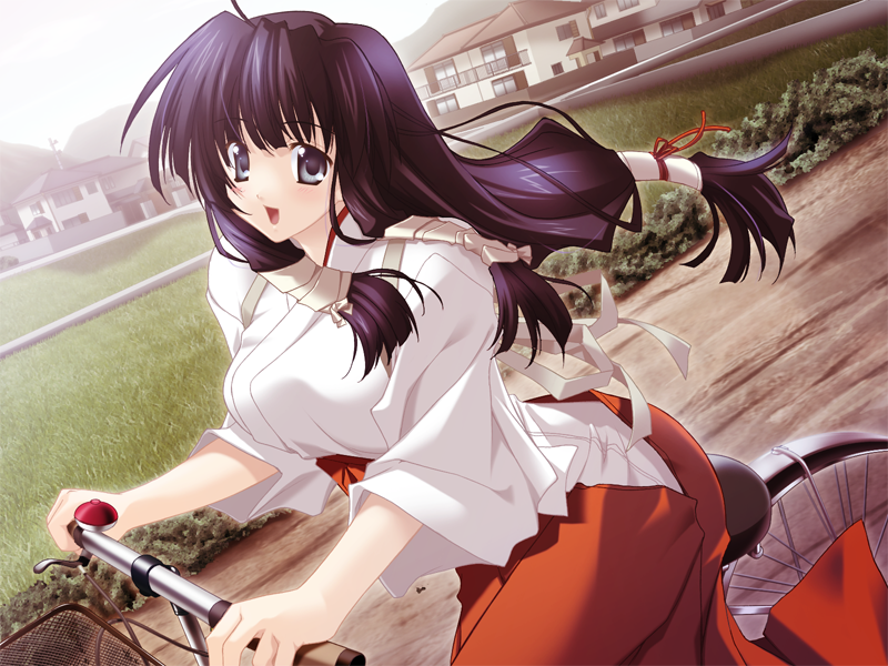 1girl, bicycle, black_hair, blue_eyes, game_cg, goma_satoshi, hakama, hakama_skirt