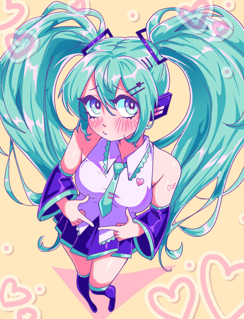 1girl, aqua_eyes, aqua_hair, arm_tattoo, bare_shoulders, blush, boots, collared_shirt, commentary, detached_sleeves, english_commentary, from_above, hair_between_eyes, hair_ornament, hatsune_miku, heart, highres, long_hair, looking_at_viewer, looking_to_the_side, necktie, rumblyf, shirt, sidelocks, skirt, sleeveless, solo, tattoo, thigh_boots, twintails, twitter_username, very_long_hair, vocaloid