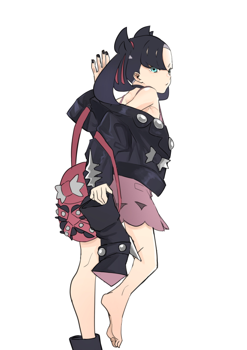 1girl, absurdres, arm_support, armpit_crease, asymmetrical_bangs, backpack, bag, black_boots