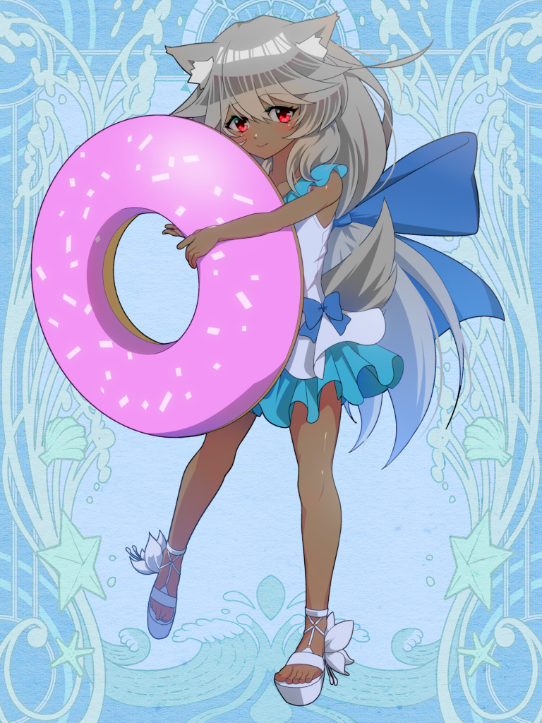 1girl, blue_background, blue_bow, bow, dairoku_ryouhei, dark-skinned_female, dark_skin, full_body